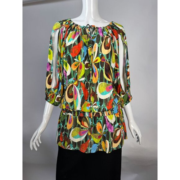 Trina Turk Womens Multicolor Floral Blouse With Elastic Waist & Bishop Sleeves - Picture 1 of 16